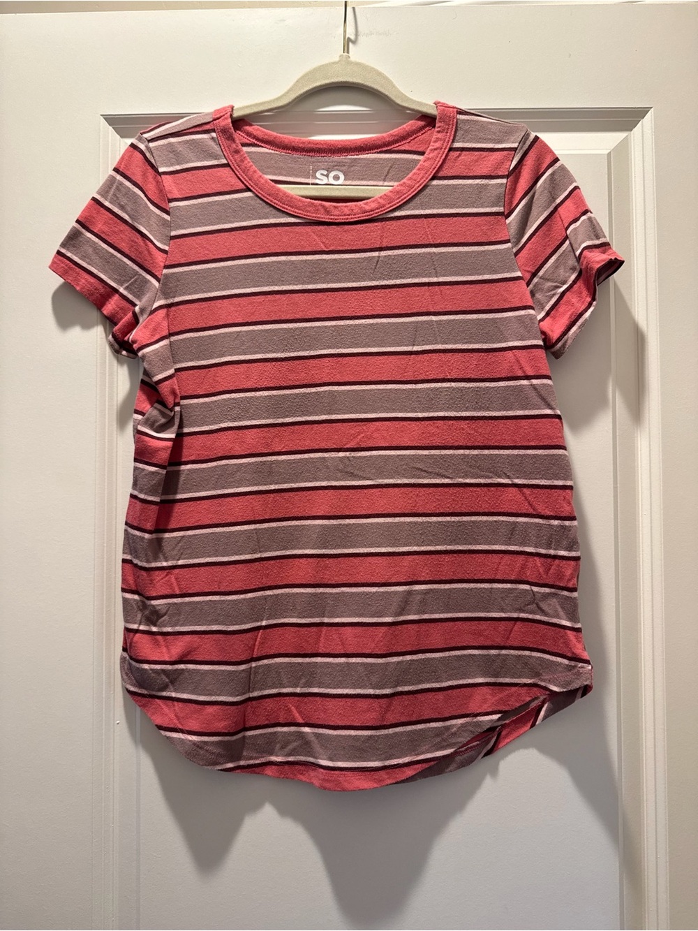 SO Striped Short Sleeve Tee in Coral Pink and Light Gray